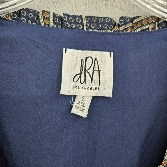 dRA Los Angeles Cicero Wrap Dress S Blue Brown Ruffled Lined Long Sleeve Retro - Picture 2 of 15